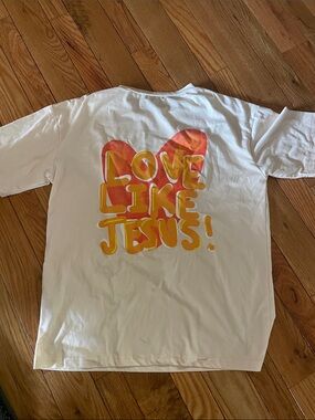 White Short Sleeve Tee with Orange & Pink Heart 'Love Like Jesus' Graphic